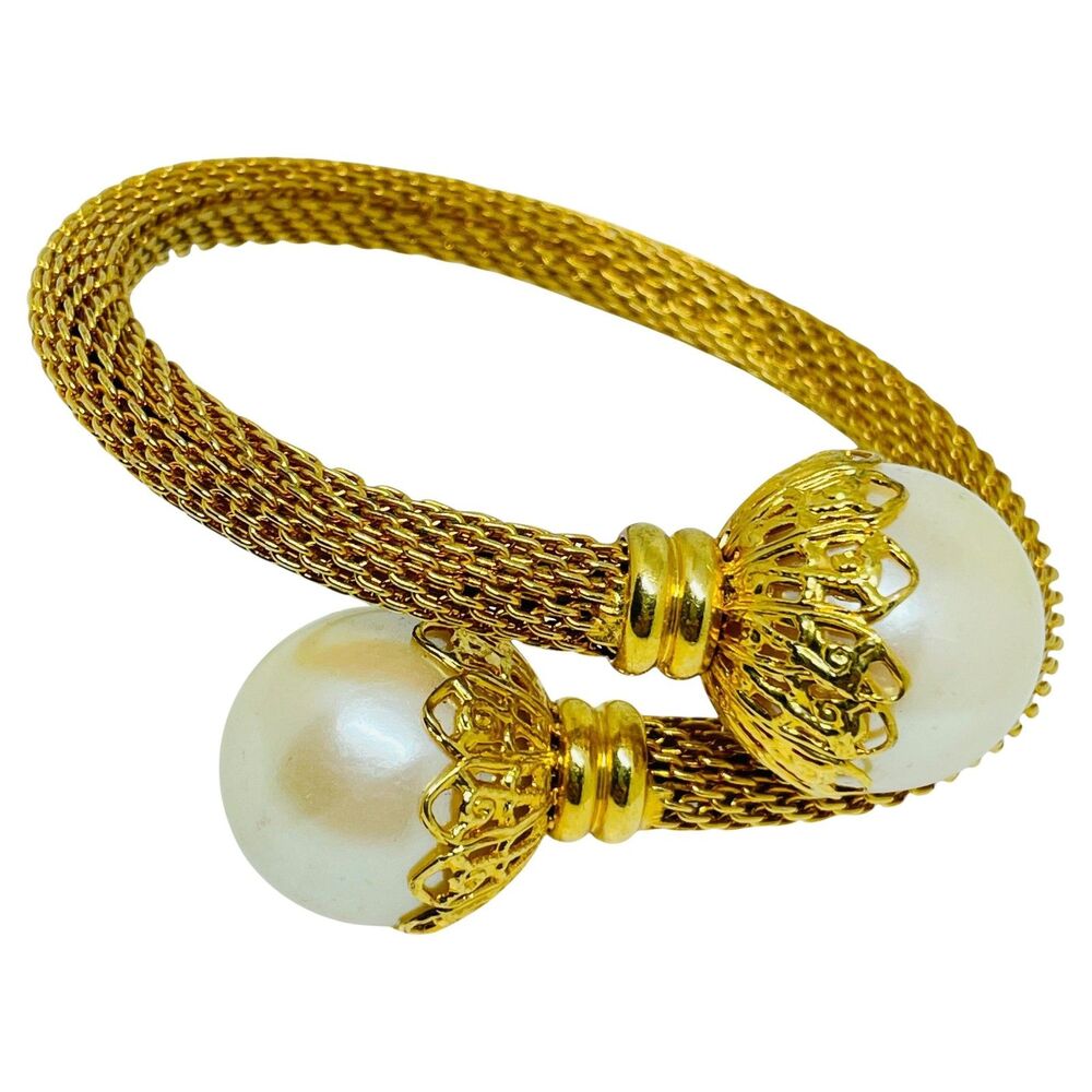 Vintage gold tone mesh chain faux pearl wrap designer bracelet